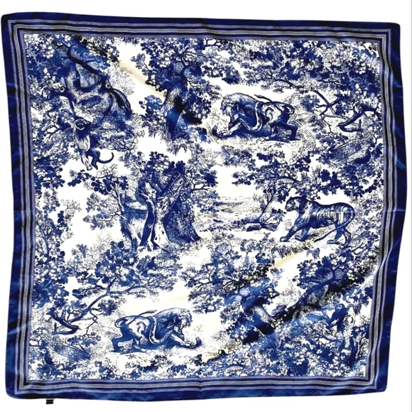 Floral Satin Square Scarf Blue White 35" Head Hair Neck Bandana Preppy New - Picture 1 of 17